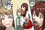  2girls akagi_(kantai_collection) ascot blush brown_eyes brown_hair check_commentary closed_eyes commentary commentary_request double_bun doughnut eating eating_hair food french_cruller hair_bun hair_ornament hakama_skirt highres japanese_clothes kantai_collection light_brown_hair long_hair michishio_(kantai_collection) multiple_girls muneate negahami open_mouth pleated_skirt school_uniform shirt short_hair short_sleeves skirt spoken_interrobang straight_hair suspenders sweat tasuki twintails white_shirt 