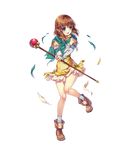 aqua_eyes bangs brown_hair capelet elbow_gloves eyebrows_visible_through_hair fire_emblem fire_emblem:_souen_no_kiseki fire_emblem_heroes full_body gloves highres holding looking_away mist_(fire_emblem) miwabe_sakura official_art open_mouth pleated_skirt shoes short_hair short_sleeves skirt socks solo staff torn_clothes transparent_background 