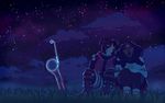  akitamonster anthro blue_eyes brown_eyes canine clothed clothing detailed_background dog duo grass mammal melee_weapon night outside sitting sky smile star starry_sky sword weapon 