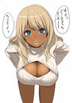  :o blonde_hair blue_eyes breasts cleavage cleavage_cutout dark_skin ganguro hands_on_hips highres kloah large_breasts leaning_forward lips long_hair looking_at_viewer meme_attire open-chest_sweater open_mouth original ribbed_sweater simple_background sketch solo sweater thick_lips translated turtleneck white_background 