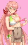  ahoge akashi_(kantai_collection) apron bangs bare_arms bare_shoulders bikini bikini_pull blush breasts collarbone cowboy_shot dildo green_bikini green_eyes green_ribbon hair_between_eyes hair_ribbon heart holding holding_clothes kantai_collection large_breasts lips long_hair medium_breasts multicolored multicolored_bikini multicolored_clothes nipples nose_blush one_breast_out parted_lips pink_background pink_hair poco_(backboa) pulled_by_self red_ribbon ribbon side-tie_bikini signature simple_background smile solo standing straight_hair sweat swimsuit tress_ribbon unaligned_breasts very_long_hair 