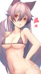  animal_ears bikini bikini_top blush bottomless breasts brown_eyes extra_ears fox_ears fox_tail grey_hair hair_between_eyes hand_on_hip highres kemono_friends large_breasts long_hair looking_at_viewer micro_bikini navel sideboob silver_fox_(kemono_friends) solo swimsuit tail tatapopo underboob 