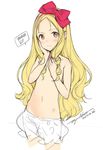  bangs blonde_hair blush bow brown_eyes character_name covering covering_breasts eromanga_sensei flat_chest hair_bow hairband hand_on_own_cheek hand_on_own_face long_hair looking_at_viewer navel ooyari_ashito simple_background sketch solo topless very_long_hair wavy_hair white_background yamada_elf 