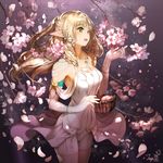  bangs basket bike_shorts blonde_hair branch breasts cherry_blossoms dress elbow_gloves elf floating_hair flower gloves green_eyes hair_ornament highres kawamatsu_yoshinori long_hair md5_mismatch medium_breasts open_mouth original pointy_ears smile solo standing white_dress white_gloves 