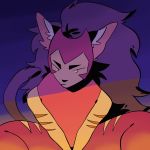  animal_humanoid black_nose blue_eyes brown_hair brown_tail cat_humanoid catra feline female hair headpiece heterochromia high-angle_view humanoid long_hair mammal princesses_of_power purple_background red_clothing simple_background sitting solo striped_skin stripes vixieblues yellow_eyes 