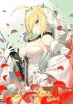 aestus_estus ahoge armpits bare_shoulders belt belt_buckle blonde_hair blurry breasts bridal_veil buckle bun_cover bursting_breasts chain cleavage closed_mouth cowboy_shot depth_of_field detached_collar detached_sleeves eyebrows_visible_through_hair fate/extra fate/extra_ccc fate_(series) flower flower_wreath from_side full-length_zipper garter_belt gloves gradient gradient_background green_background green_eyes hair_bun hair_intakes hand_on_hip head_tilt head_wreath highleg highleg_leotard holding holding_sword holding_weapon large_breasts leotard light_smile lock loose_belt nero_claudius_(bride)_(fate) nero_claudius_(fate)_(all) padlock petals profile puffy_detached_sleeves puffy_sleeves showgirl_skirt sideboob sidelocks skirt smile solo standing strapless strapless_leotard studded_belt sword tied_hair veil weapon white_flower white_gloves white_leotard white_sleeves wide_sleeves zipper zipper_pull_tab zollo 