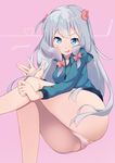  aqua_eyes ass bare_legs blush bow breasts crossed_legs dark_fuu eromanga_sensei hair_bow hand_in_hair heart highres izumi_sagiri jacket legs long_sleeves nervous_smile open_mouth panties pen pink_background pink_bow silver_hair simple_background smile solo sweatdrop thighs underwear white_panties 