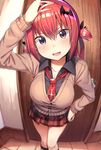  :3 :d absurdres arm_up breasts cardigan eyebrows_visible_through_hair fang fisheye foreshortening gabriel_dropout greatmosu hair_ornament hand_on_headwear highres indoors kneehighs kurumizawa_satanichia_mcdowell large_breasts necktie open_mouth plaid plaid_skirt pleated_skirt purple_eyes red_hair school_uniform short_twintails skirt smile solo twintails 