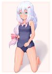  :o aqua_eyes bangs barefoot beige_background blue_swimsuit blush bow breasts covered_navel eromanga_sensei eyebrows_visible_through_hair framed full_body hair_between_eyes hair_bow hand_on_own_stomach highres izumi_sagiri kneeling long_hair looking_down low-tied_long_hair medium_breasts mochiyuki parted_lips pink_bow school_swimsuit shadow silver_hair solo swimsuit tan tanline tareme 