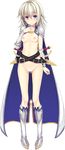  absurdres aikawa_tatsuki armor armored_boots belt boots breasts cape censored crossed_belts dagger full_body highres looking_at_viewer loose_belt mea_hartlean mosaic_censoring navel nipples nude purple_eyes pussy ryuukishi_bloody_saga sheath sheathed short_hair small_breasts solo transparent_background weapon white_hair 