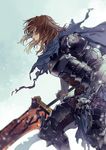  armor blue_background breastplate brown_hair gauntlets gradient gradient_background granblue_fantasy highres holding holding_sword holding_weapon k29 long_hair male_focus no_headwear no_helmet parted_lips siegfried_(granblue_fantasy) solo sword torn_clothes weapon yellow_eyes 