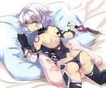  bare_shoulders bed bed_sheet fate/apocrypha fate_(series) gloves green_eyes jack_the_ripper_(fate/apocrypha) knife looking_at_viewer looking_back lying normaland on_bed on_stomach panties pillow scar short_hair silver_hair solo thighhighs underwear weapon 