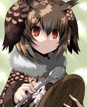  :&lt; brown_hair buttons coat eurasian_eagle_owl_(kemono_friends) feathers food food_on_face fur_collar head_wings holding holding_spoon kemono_friends long_sleeves looking_at_viewer multicolored_hair plate red_eyes rice rice_on_face short_hair solo spoon tsukasawa_takamatsu 