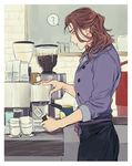  ? alternate_costume alternate_hairstyle apron barista brown_hair coffee coffee_maker_(object) cup granblue_fantasy half_updo k29 looking_down male_focus siegfried_(granblue_fantasy) solo spoken_question_mark teacup waist_apron 