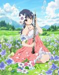  artist_request bare_shoulders beamed_eighth_notes black_hair blurry blush cloud cloudy_sky day depth_of_field dress eighth_note field flower flower_field glass_slipper hair_flower hair_ornament hibike!_euphonium highres instrument lake long_hair musical_note oboe official_art outdoors red_eyes shoes_removed sitting sky smile solo treble_clef wariza white_dress yoroizuka_mizore 