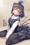  :d animal_ears bag between_legs black_hair blue_footwear blush breasts collared_shirt commentary_request crested_porcupine_(kemono_friends) eyebrows_visible_through_hair gradient_hair half-closed_eyes hand_between_legs highres kemono_friends kokka_han long_sleeves looking_at_viewer medium_breasts multicolored_hair nail_polish necktie on_floor open_mouth own_hands_together pantyhose porcupine_ears red_eyes shiny shiny_hair shirt shoes sidelocks silver_hair sitting skirt sleeves_past_wrists smile solo striped striped_skirt sweater_vest thighband_pantyhose v_arms wariza white_nails white_neckwear white_shirt wing_collar wooden_floor 