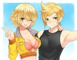  1girl arm_around_shoulder bad_id bad_pixiv_id blonde_hair blue_eyes bra breasts cidney_aurum cleavage cropped_jacket final_fantasy final_fantasy_xv green_eyes jacket large_breasts open_clothes open_jacket prompto_argentum self_shot sleeveless underwear upper_body v yunelala 