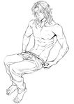  abs adonis_belt barefoot closed_mouth collarbone contemporary full_body granblue_fantasy k29 long_hair male_focus monochrome pants scar shirtless siegfried_(granblue_fantasy) sitting solo sweatpants undressing 