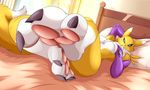  2017 3_toes anthro armpits armwear bed bedroom big_breasts big_butt black_sclera blue_eyes blush breasts butt canine claws clothed clothing cuddling cuddly digimon digital_media_(artwork) elbow_gloves feet female fox fur gloves hair hi_res huge_butt invalid_tag krazykurt looking_at_viewer lying mammal nude on_bed pawpads paws pillow renamon soft solo spread_legs spreading toe_claws toes white_fur wide_hips yellow_fur 