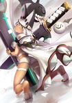  1girl arc_system_works artist_request ass beltbra blush breasts cape clover dark_skin four-leaf_clover from_behind greatsword guilty_gear guilty_gear_xrd huge_weapon kneeling large_breasts long_hair looking_at_viewer looking_back lucifero ramlethal_valentine shiny shiny_hair shiny_skin short_shorts shorts sideboob silver_hair solo sword weapon 