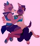  4_toes 5_fingers akitamonster anthro barefoot blue_eyes blue_nose canine clothed clothing digitigrade dog duo fur male mammal pawpads pink_nose purple_fur simple_background smile toes 