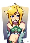  1boy alternate_costume blonde_hair blue_eyes blush crossdressing detached_sleeves gerudo_link link midriff re-yyyyyy smile solo the_legend_of_zelda the_legend_of_zelda:_breath_of_the_wild trap 