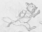  2017 anthro barefoot black_and_white canine clothed clothing disney fox male mammal monochrome monoflax necktie nick_wilde running simple_background sketch solo traditional_media_(artwork) white_background zootopia 