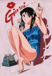  arms_up black_hair blue_eyes breasts cleavage giant_robo ginrei_(giant_robo) green_hair long_hair medium_breasts naked_towel official_art phone scan sitting smile solo towel 