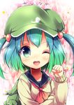  ;d alternate_costume backpack bag blue_eyes blue_hair gradient_hair green_eyes green_hair highres kawashiro_nitori long_sleeves looking_at_viewer multicolored_hair neckerchief one_eye_closed open_mouth paw_pose pocket school_uniform serafuku short_hair smile solo sweater touhou translation_request two_side_up upper_body uta_(kuroneko) 