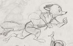  2017 anthro barefoot black_and_white canine clothed clothing disney fox group gun handgun holding_object holding_weapon male mammal monochrome monoflax necktie nick_wilde pistol ranged_weapon running side_view simple_background sketch solo_focus traditional_media_(artwork) weapon white_background zootopia 