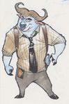 2017 anthro bovine buffalo cape_buffalo chief_bogo clothed clothing disney gun handgun holster horn looking_at_viewer male mammal monoflax necktie pistol police_badge ranged_weapon simple_background smile solo suspenders traditional_media_(artwork) weapon white_background zootopia 