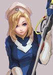  alternate_costume alternate_hairstyle armband bangs beret blonde_hair blue_bodysuit blue_eyes bodysuit breasts combat_medic_ziegler commentary english_commentary gloves grey_background hair_over_one_eye hat holding holding_staff jacky5493 long_sleeves looking_at_viewer mechanical_wings medium_breasts medium_hair mercy_(overwatch) overwatch simple_background solo staff upper_body white_hat wings work_in_progress 