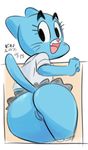  2017 blue_fur bottomless butt cartoon_network cat clothed clothing digital_media_(artwork) eyelashes fangs feline female fur looking_at_viewer mammal nicole_watterson ninoeros panties panties_down presenting presenting_hindquarters pussy raised_tail shirt simple_background skirt solo the_amazing_world_of_gumball underwear upskirt whiskers white_background 