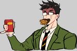  black_hair blazer food food_in_mouth full_mouth glasses henry_the_green_engine jacket kendy_(revolocities) male_focus necktie opaque_glasses personification pinky_out pocky pocky_day school_uniform shaded_face solo thomas_the_tank_engine too_many upper_body 