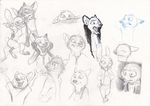  2017 anthro barefoot canine clothed clothing collar disney eyewear female fox group hands_in_pockets judy_hopps lagomorph male mammal monoflax necktie nick_wilde open_mouth open_smile rabbit shock_collar simple_background sketch sketch_page smile sunglasses traditional_media_(artwork) white_background wolf zootopia 