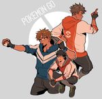  black_hair blonde_hair brown_hair copyright_name fingerless_gloves full_body glasses gloves grey_background holding holding_poke_ball hood hoodie kendy_(revolocities) male_focus male_protagonist_(pokemon_go) multiple_boys multiple_persona poke_ball pokemon pokemon_go projected_inset short_hair simple_background squatting 