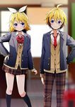  1girl ahoge arm_at_side banned_artist black_legwear blazer blonde_hair blue_eyes blurry blurry_background bow bowtie brother_and_sister brown_pants brown_skirt buttons cardigan closed_mouth collared_shirt hair_between_eyes hair_ribbon headphones indoors jacket kagamine_len kagamine_rin kneehighs long_sleeves looking_at_another miniskirt necktie pants plaid plaid_pants plaid_skirt pleated_skirt red_bow red_neckwear ribbon school_uniform shirt siblings skirt smile twins vocaloid white_ribbon white_shirt wing_collar yuuka_nonoko 