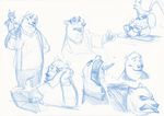  2017 anthro arctic_fox arctic_fox_masseuse_(zootopia) bear blue_and_white canine clothed clothing computer disney eyewear fan_character female fox glasses group laptop male mammal monochrome monoflax open_mouth polar_bear simple_background sketch sketch_page traditional_media_(artwork) white_background wolf yawn zootopia 