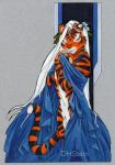  ambiguous_gender black_stripes blue_cloth brown_eyes cloth clothing dhstein feline flower flower_in_hair fur girly hair half-closed_eyes long_hair mammal mostly_nude plant red_fur robe simple_background stripes tiger traditional_media_(artwork) white_hair 