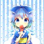  blue_bow blue_eyes blue_hair blue_kimono bow candy cirno eating eyebrows_visible_through_hair food hair_bow japanese_clothes kimono lollipop looking_at_viewer short_hair solo touhou translation_request uta_(kuroneko) 