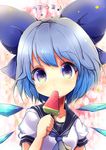  alternate_costume aqua_hair blue_eyes bow cirno eating food gradient_hair hair_bow hair_ornament hair_ribbon highres holding ice ice_wings looking_at_viewer multicolored_hair neckerchief popsicle ribbon school_uniform serafuku short_hair solo touhou translation_request upper_body uta_(kuroneko) watermelon_bar wings 