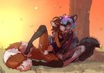  2017 alexis_(breathoftime) anthro arylon_lovire balls blush canine clothed clothing cum cute detailed_background dog duo erection forest fur grass hair husky legs_up male mammal penis raccoon smile tree 