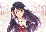  black_hair blue_eyes blurry blurry_background cherry_blossoms crying crying_with_eyes_open hair_ornament hairclip highres kazeno looking_at_viewer original petals school_uniform serafuku solo tears 