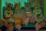  3ds akitamonster anthro banana blonde_hair blue_eyes blue_hair brown_hair canine clothed clothing digitigrade dog eyes_closed female food fox fruit hair inside male mammal nintendo red_panda sitting smile video_games 