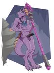  2017 anthro claws dragon erection eyewear holding_object holding_weapon horn jewelry kurrikage male melee_weapon monocle muscular muscular_male necklace nude patto purple_skin scalie solo weapon 