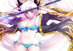  :d bangs bikini blue_bikini blush breasts cleavage cowboy_shot dragon_horns fate/grand_order fate_(series) frilled_bikini frills groin hair_ribbon holding holding_staff horns kiyohime_(fate/grand_order) kiyohime_(swimsuit_lancer)_(fate) large_breasts long_hair long_sleeves looking_at_viewer navel open_clothes open_mouth ponytail red_eyes ribbon silver_hair smile solo staff stomach swimsuit tareme v-shaped_eyebrows very_long_hair wide_sleeves yellow_ribbon yude 