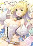  :d bangs bare_shoulders belt belt_buckle blonde_hair blush breasts bridal_veil buckle chain cleavage collar contrapposto cowboy_shot detached_collar detached_sleeves eyebrows eyebrows_visible_through_hair fate/extra fate/extra_ccc fate_(series) flower flower_wreath fuumi_(radial_engine) garter_straps gloves green_eyes groin hair_intakes hand_on_own_chest hands_up head_wreath highleg highleg_leotard holding juliet_sleeves large_breasts legs_together leotard lock long_sleeves looking_at_viewer nero_claudius_(bride)_(fate) nero_claudius_(fate)_(all) open_mouth padlock padlocked_collar puffy_sleeves short_hair sidelocks smile standing strapless strapless_leotard teeth veil waist_cape white_flower white_gloves white_leotard white_sleeves wide_sleeves zipper 