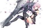  anmi armor armored_dress bare_shoulders black_legwear boots breasts elbow_gloves fate/grand_order fate_(series) flower full_body gloves hair_over_one_eye high_heel_boots high_heels highres holding looking_at_viewer mash_kyrielight medium_breasts navel one_eye_covered parted_lips petals purple_eyes purple_flower purple_hair shield short_hair simple_background smile solo thighhighs white_background 