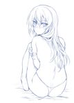  crossed_arms idolmaster idolmaster_cinderella_girls inue_shinsuke jougasaki_mika knees_to_chest knees_up long_hair looking_at_viewer looking_back monochrome panties simple_background sitting sketch solo thong underwear underwear_only 