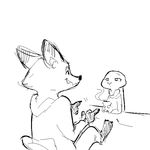  2017 anthro black_and_white canine clothed clothing cup disney duo female fox judy_hopps lagomorph male mammal monochrome nick_wilde pointing police_uniform rabbit replytoanons simple_background sitting uniform white_background zootopia 
